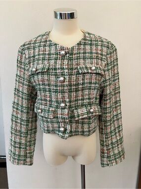 Storets Women’s Green & Cream Tweed Cropped Blazer with Pearl Buttons Small